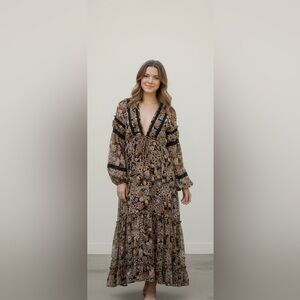 Free People Brown Tan V-Neck Maxi Dress with Bishop Sleeves